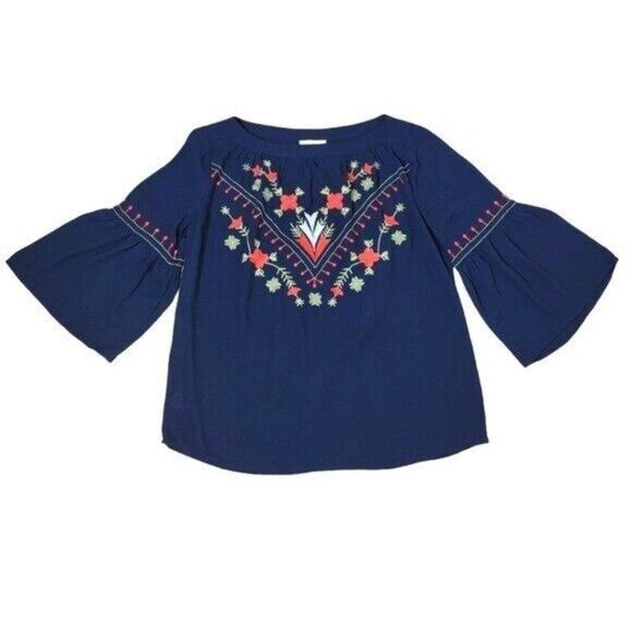 Loft Embroidered Bell Sleeve Boat neck Lightweight Navy Blouse XS - Picture 3 of 16